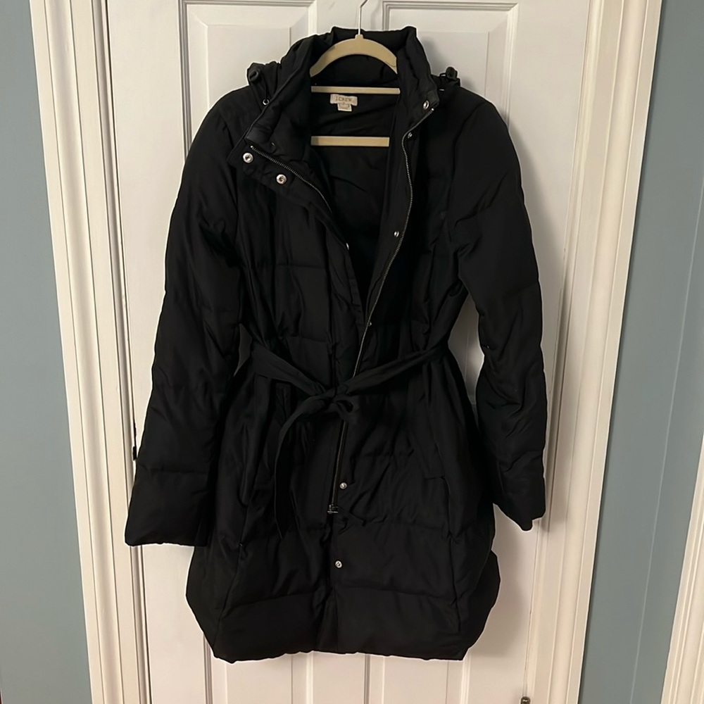 J.Crew Factory Black Puffer Jacket with Detachable Hood, Gold Details, and Belt
